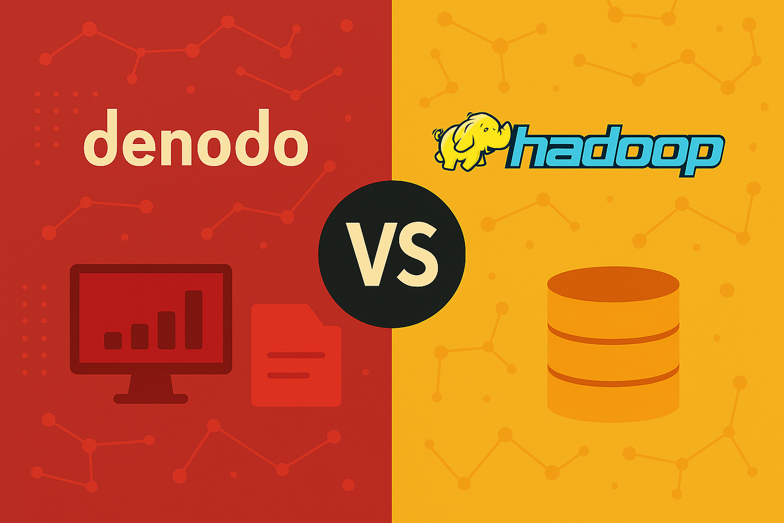 Denodo vs Hadoop featured image comparing logical data federation with distributed storage and batch processing frameworks in a modern data lake environment.